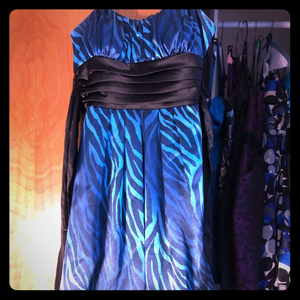 Spaghetti strap blue leopard print dress.